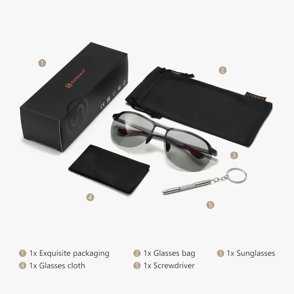SUNGAIT Ultra Lightweight Polarized Sunglasses Men Rectangular Metal Frame with Spring HingeGunmetal FramePhotochromic Polarized Lens