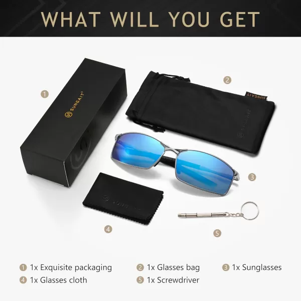 SUNGAIT Ultra Lightweight Polarized Sunglasses Men Rectangular Metal Frame with Spring HingeSilver Frame Blue Mirrored Lens