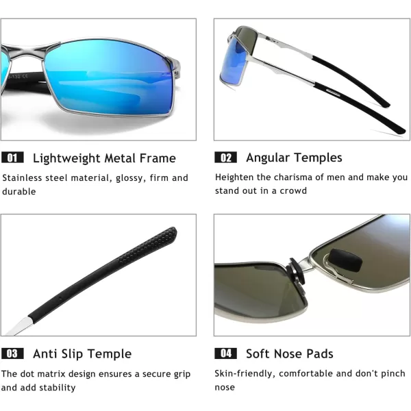 SUNGAIT Ultra Lightweight Polarized Sunglasses Men Rectangular Metal Frame with Spring HingeSilver Frame Blue Mirrored Lens