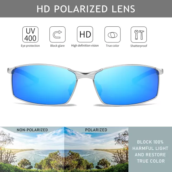 SUNGAIT Ultra Lightweight Polarized Sunglasses Men Rectangular Metal Frame with Spring HingeSilver Frame Blue Mirrored Lens