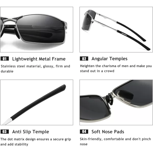 SUNGAIT Ultra Lightweight Polarized Sunglasses Men Rectangular Metal Frame with Spring HingeSilver Frame Gray Lens