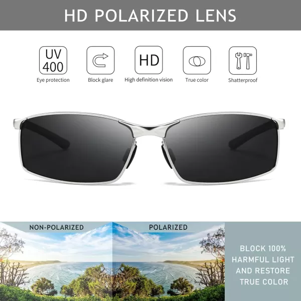 SUNGAIT Ultra Lightweight Polarized Sunglasses Men Rectangular Metal Frame with Spring HingeSilver Frame Gray Lens