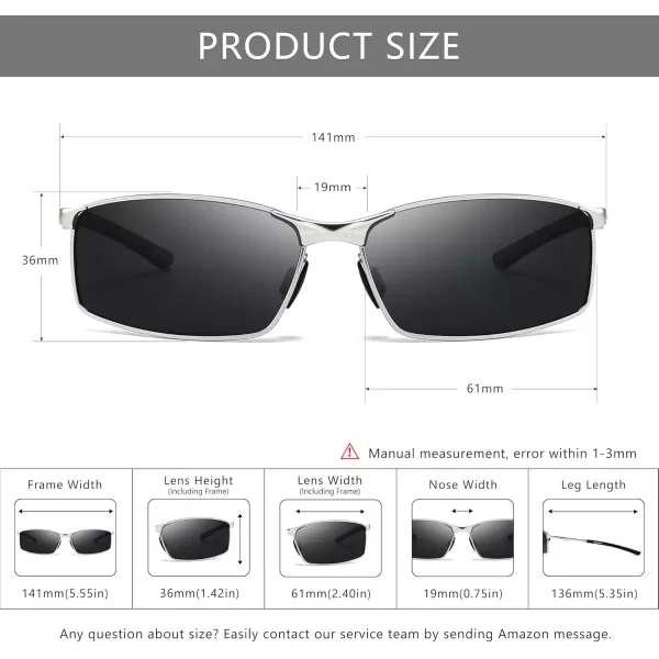 SUNGAIT Ultra Lightweight Polarized Sunglasses Men Rectangular Metal Frame with Spring HingeSilver Frame Gray Lens