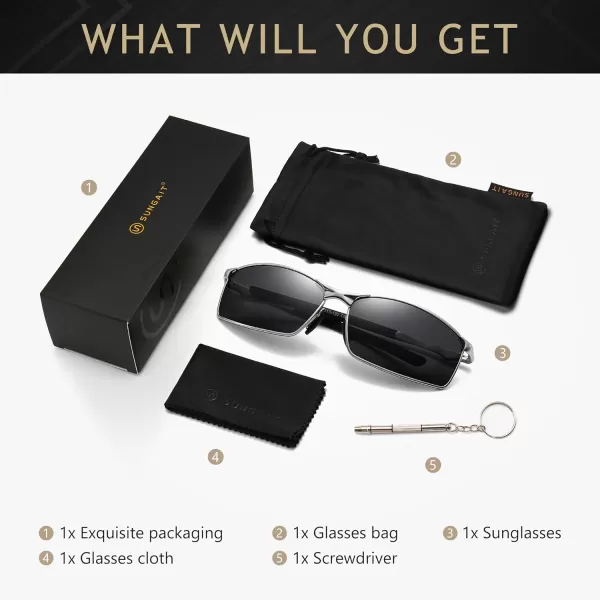 SUNGAIT Ultra Lightweight Polarized Sunglasses Men Rectangular Metal Frame with Spring HingeSilver Frame Gray Lens
