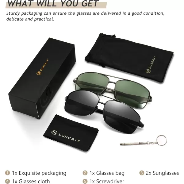 SUNGAIT Ultra Lightweight Rectangular Polarized Sunglasses UV400 Protection2 Pack Black Gray  Gunmetal Dark Green