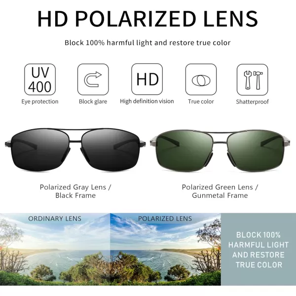 SUNGAIT Ultra Lightweight Rectangular Polarized Sunglasses UV400 Protection2 Pack Black Gray  Gunmetal Dark Green