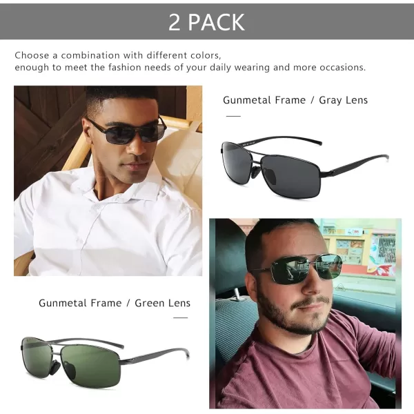 SUNGAIT Ultra Lightweight Rectangular Polarized Sunglasses UV400 Protection2 Pack Black Gray  Gunmetal Dark Green