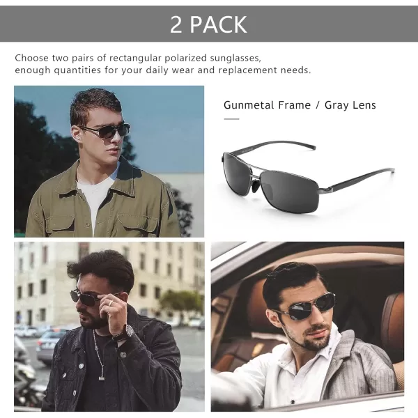 SUNGAIT Ultra Lightweight Rectangular Polarized Sunglasses UV400 Protection2 Pack Both Gray Lens Gunmetal Frame