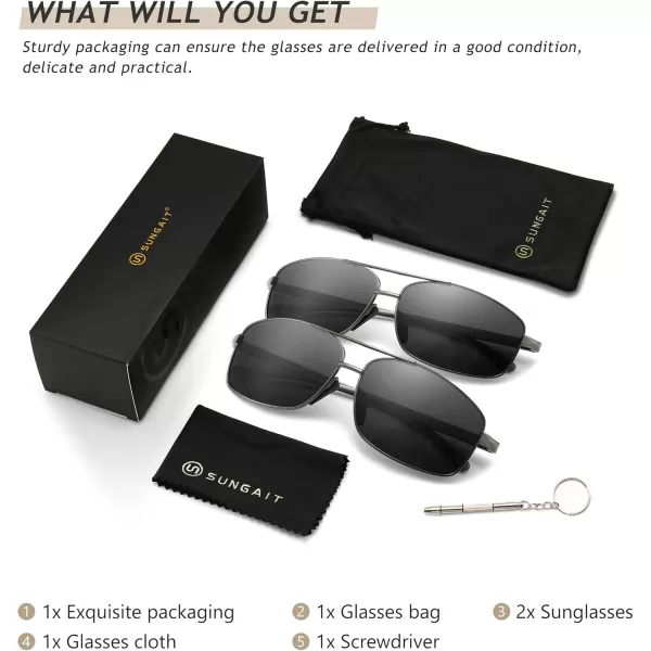 SUNGAIT Ultra Lightweight Rectangular Polarized Sunglasses UV400 Protection2 Pack Both Gray Lens Gunmetal Frame