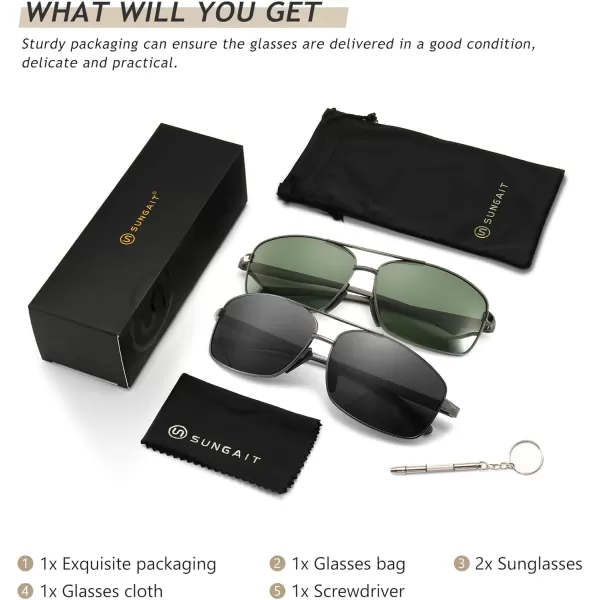 SUNGAIT Ultra Lightweight Rectangular Polarized Sunglasses UV400 Protection2 Pack Gunmetal Gray  Gunmetal Dark Green