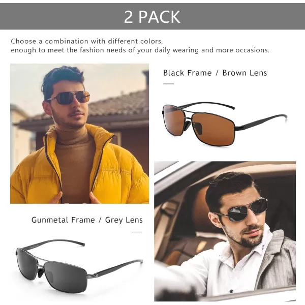 SUNGAIT Ultra Lightweight Rectangular Polarized Sunglasses UV400 Protection2 Pack Gunmetal Grayblack Brown