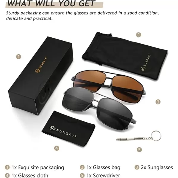 SUNGAIT Ultra Lightweight Rectangular Polarized Sunglasses UV400 Protection2 Pack Gunmetal Grayblack Brown