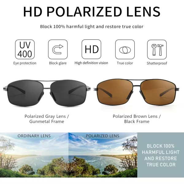 SUNGAIT Ultra Lightweight Rectangular Polarized Sunglasses UV400 Protection2 Pack Gunmetal Grayblack Brown