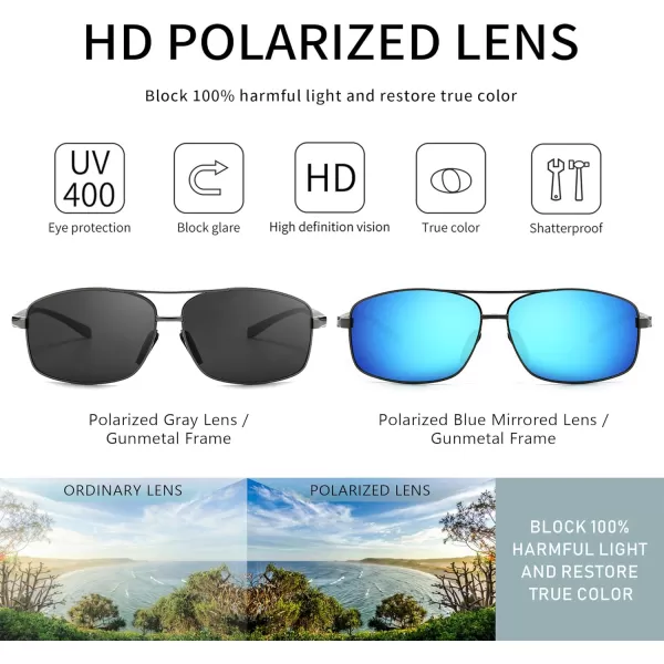 SUNGAIT Ultra Lightweight Rectangular Polarized Sunglasses UV400 Protection2 Pack Gunmetal Graygunmetal Blue Mirrored