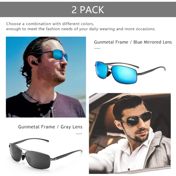 SUNGAIT Ultra Lightweight Rectangular Polarized Sunglasses UV400 Protection2 Pack Gunmetal Graygunmetal Blue Mirrored