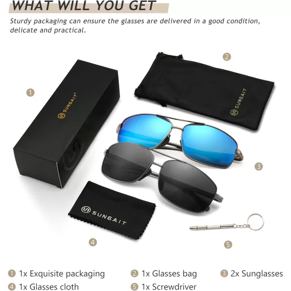 SUNGAIT Ultra Lightweight Rectangular Polarized Sunglasses UV400 Protection2 Pack Gunmetal Graygunmetal Blue Mirrored