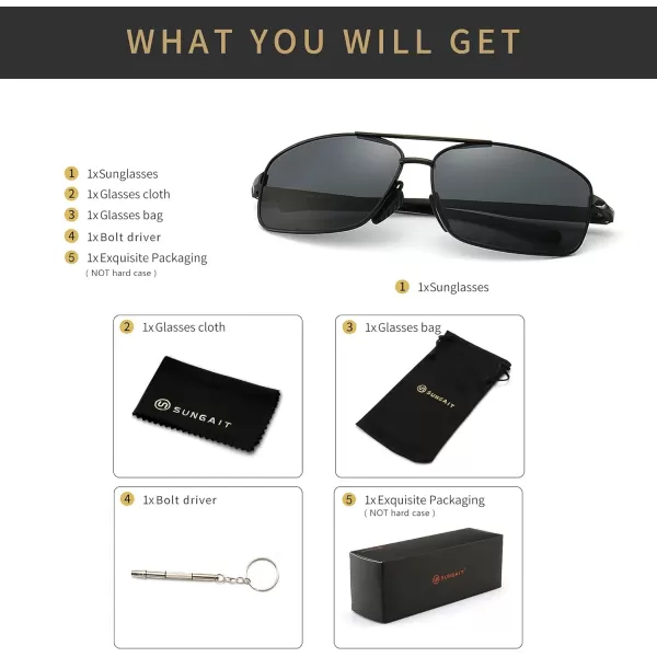 SUNGAIT Ultra Lightweight Rectangular Polarized Sunglasses UV400 Protection2024 Black Frame Gray Lens