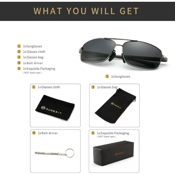 SUNGAIT Ultra Lightweight Rectangular Polarized Sunglasses UV400 Protection2024 Gunmetal Frame Gray Lens