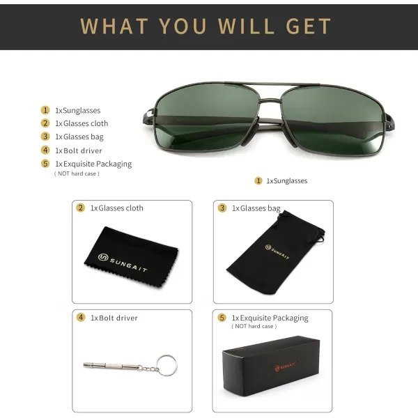 SUNGAIT Ultra Lightweight Rectangular Polarized Sunglasses UV400 Protection2024 Gunmetal Frame Green Lens