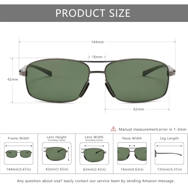 SUNGAIT Ultra Lightweight Rectangular Polarized Sunglasses UV400 Protection2024 Gunmetal Frame Green Lens