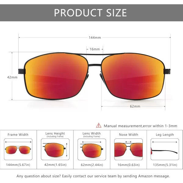SUNGAIT Ultra Lightweight Rectangular Polarized Sunglasses UV400 ProtectionBlack Frame Red Mirrored Lens