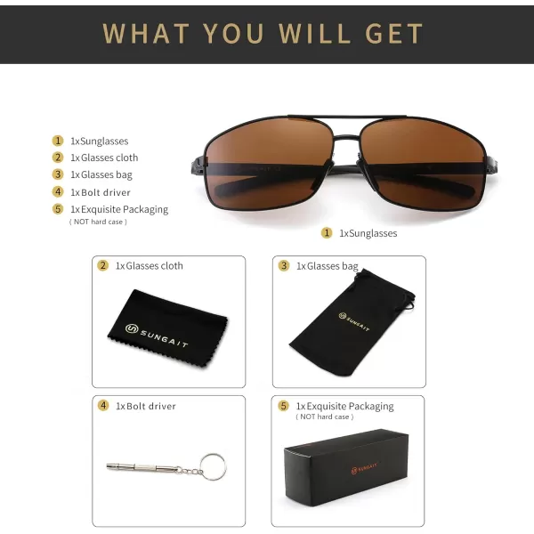 SUNGAIT Ultra Lightweight Rectangular Polarized Sunglasses UV400 ProtectionBrown LensBlack Frame