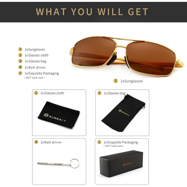 SUNGAIT Ultra Lightweight Rectangular Polarized Sunglasses UV400 ProtectionGold Frame Brown Lens
