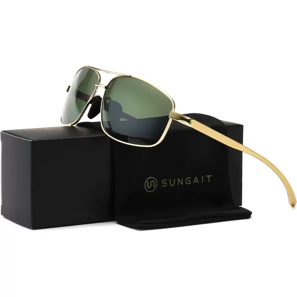 SUNGAIT Ultra Lightweight Rectangular Polarized Sunglasses UV400 ProtectionGold Frame Green Lens
