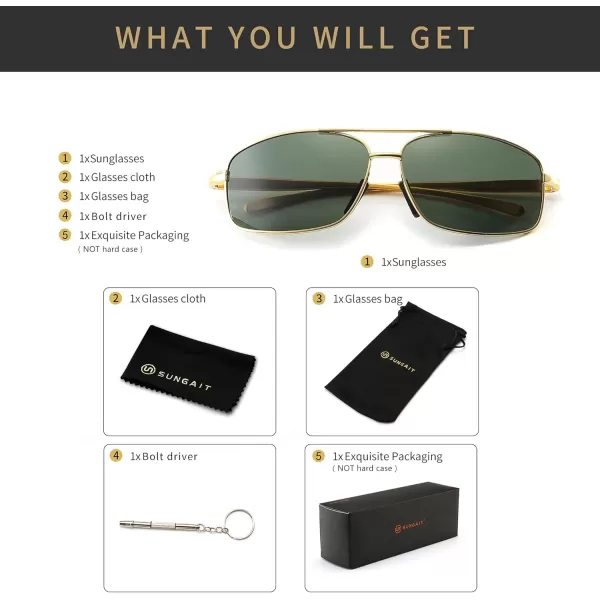 SUNGAIT Ultra Lightweight Rectangular Polarized Sunglasses UV400 ProtectionGold Frame Green Lens