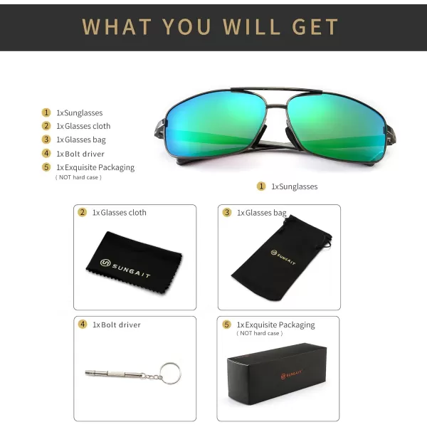 SUNGAIT Ultra Lightweight Rectangular Polarized Sunglasses UV400 ProtectionGunmetal Frame Green Mirrored Lens