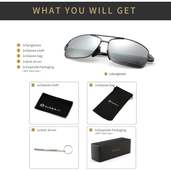 SUNGAIT Ultra Lightweight Rectangular Polarized Sunglasses UV400 ProtectionGunmetal Frame Silver Mirrored Lens
