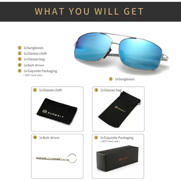 SUNGAIT Ultra Lightweight Rectangular Polarized Sunglasses UV400 ProtectionSilver Frame Blue Mirrored Lens