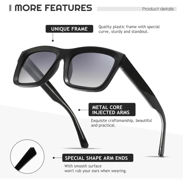 SUNGAIT Unisex Classic Rectangular Sunglasses UV400 ProtectionGlossy Black FrameGray Gradient Lens