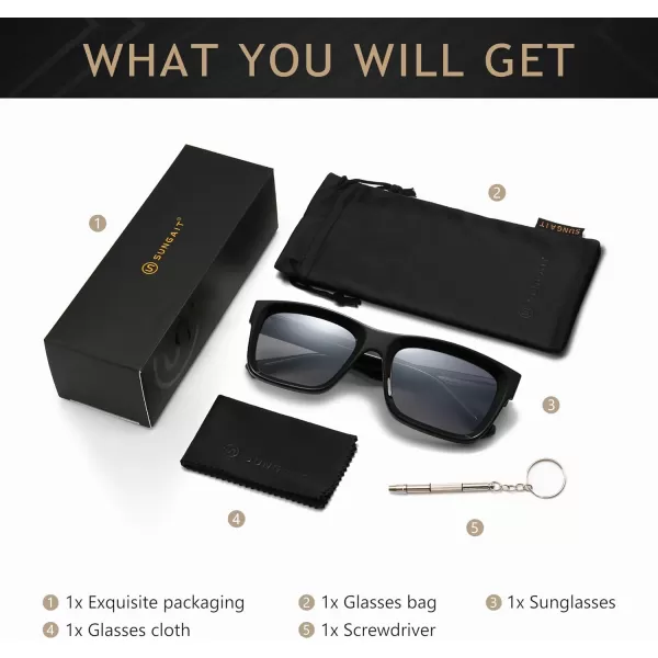 SUNGAIT Unisex Classic Rectangular Sunglasses UV400 ProtectionGlossy Black FrameGray Gradient Lens