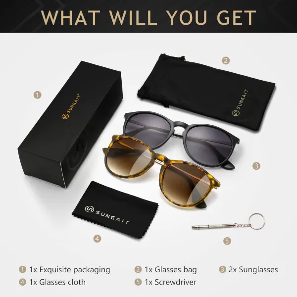 SUNGAIT Vintage Round Sunglasses for Women Men Classic Retro Designer Style2 Pack Nonpolarized Matte AmberBrown Gradient  Matte BlackGray Gradient