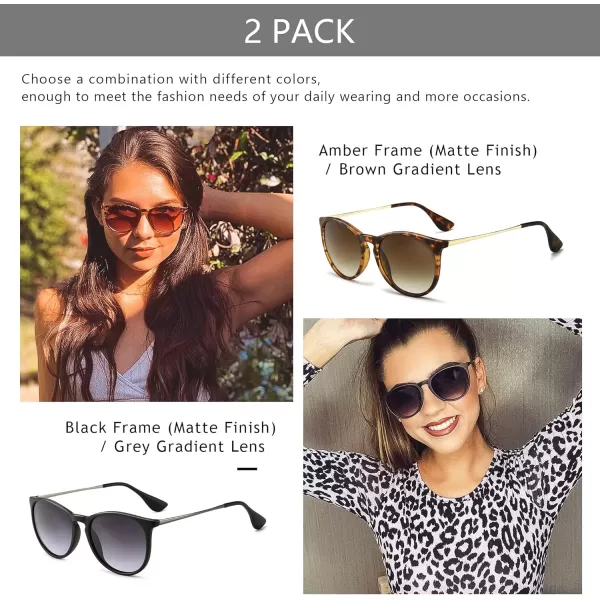 SUNGAIT Vintage Round Sunglasses for Women Men Classic Retro Designer Style2 Pack Nonpolarized Matte AmberBrown Gradient  Matte BlackGray Gradient