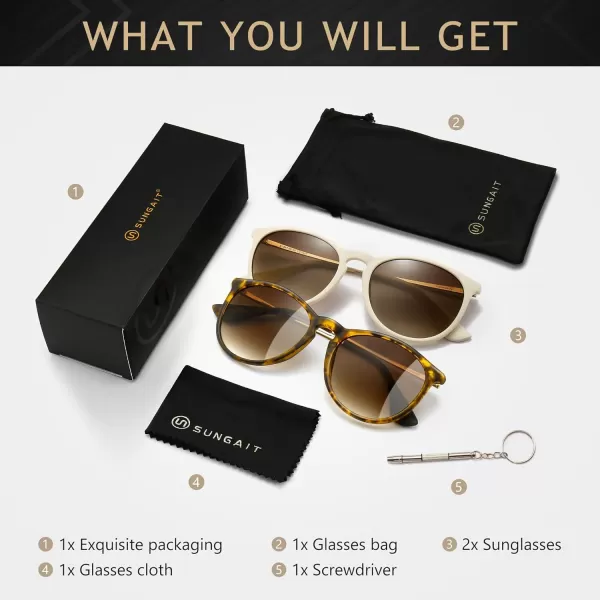 SUNGAIT Vintage Round Sunglasses for Women Men Classic Retro Designer Style2 Pack Nonpolarized Matte AmberBrown Gradientmilky WhiteBrown Gradient