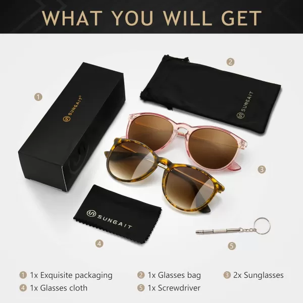 SUNGAIT Vintage Round Sunglasses for Women Men Classic Retro Designer Style2 Pack Polarized Matte AmberBrown Gradientglossy Pink BrownLightbrown