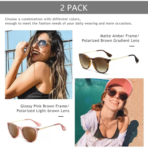 SUNGAIT Vintage Round Sunglasses for Women Men Classic Retro Designer Style2 Pack Polarized Matte AmberBrown Gradientglossy Pink BrownLightbrown