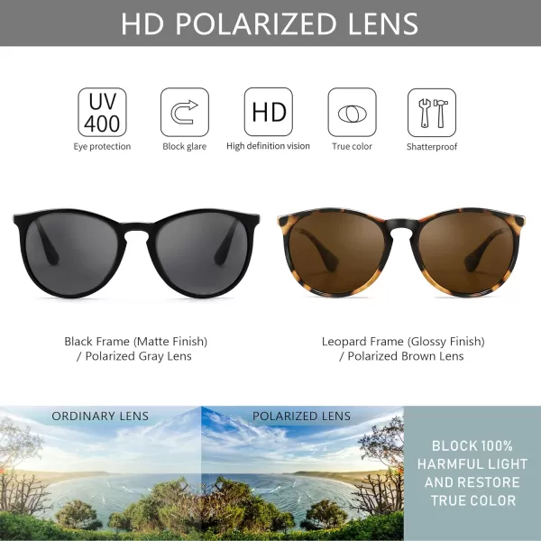 SUNGAIT Vintage Round Sunglasses for Women Men Classic Retro Designer Style2 Pack Polarized Matte BlackGrayglossy LeopardBrown