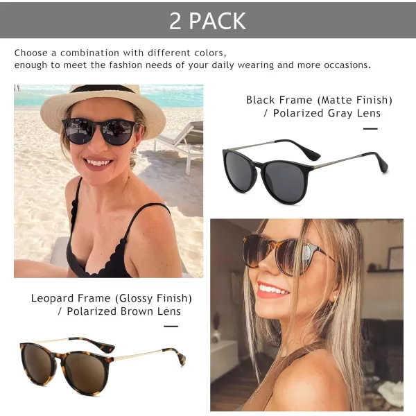 SUNGAIT Vintage Round Sunglasses for Women Men Classic Retro Designer Style2 Pack Polarized Matte BlackGrayglossy LeopardBrown