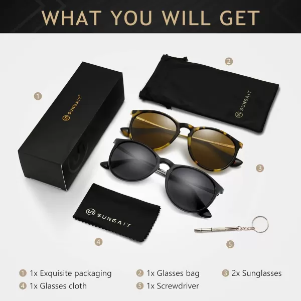 SUNGAIT Vintage Round Sunglasses for Women Men Classic Retro Designer Style2 Pack Polarized Matte BlackGrayglossy LeopardBrown