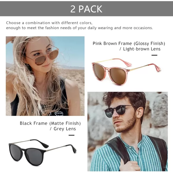 SUNGAIT Vintage Round Sunglasses for Women Men Classic Retro Designer Style2 Pack Polarized Matte BlackGrayglossy Pink BrownLightbrown