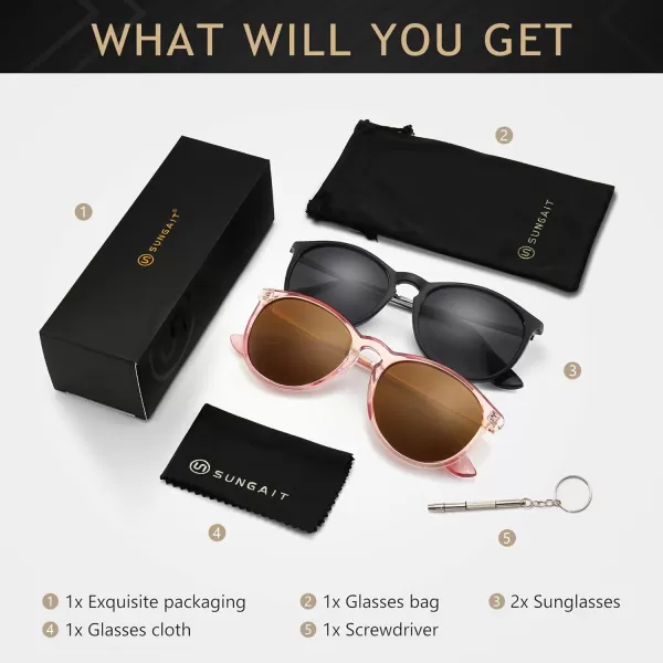 SUNGAIT Vintage Round Sunglasses for Women Men Classic Retro Designer Style2 Pack Polarized Matte BlackGrayglossy Pink BrownLightbrown