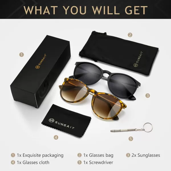 SUNGAIT Vintage Round Sunglasses for Women Men Classic Retro Designer Style2 Pack Polarized Matte BlackGraymatte AmberBrown Gradient