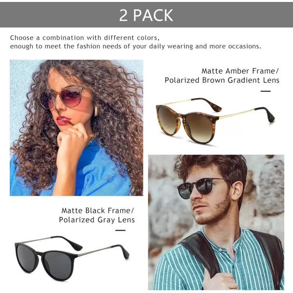 SUNGAIT Vintage Round Sunglasses for Women Men Classic Retro Designer Style2 Pack Polarized Matte BlackGraymatte AmberBrown Gradient
