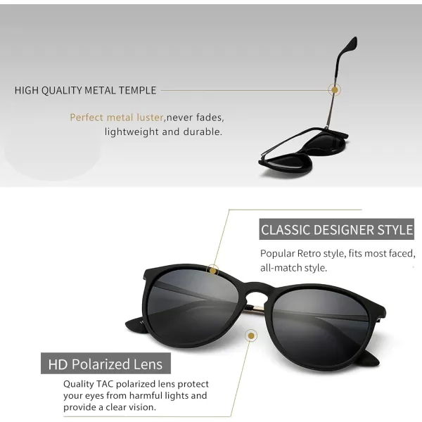 SUNGAIT Vintage Round Sunglasses for Women Men Classic Retro Designer Style2024 Black Frame Matte FinishPolarized Gray Lens