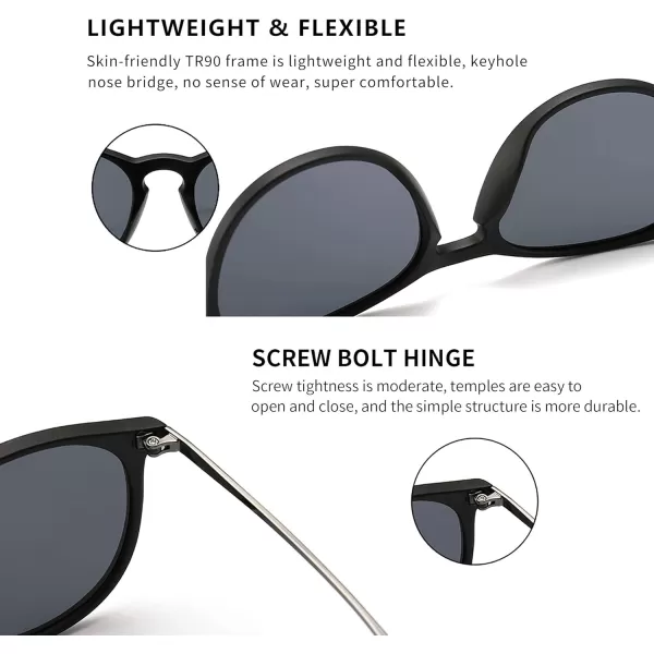 SUNGAIT Vintage Round Sunglasses for Women Men Classic Retro Designer Style2024 Black Frame Matte FinishPolarized Gray Lens