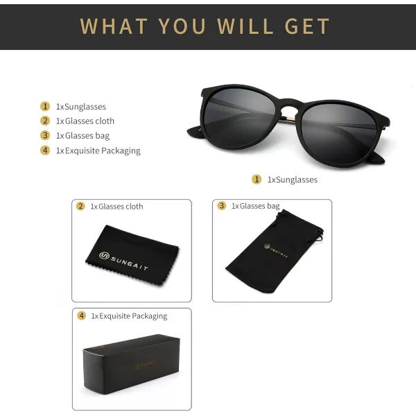 SUNGAIT Vintage Round Sunglasses for Women Men Classic Retro Designer Style2024 Black Frame Matte FinishPolarized Gray Lens