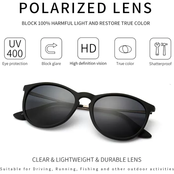 SUNGAIT Vintage Round Sunglasses for Women Men Classic Retro Designer Style2024 Black Frame Matte FinishPolarized Gray Lens
